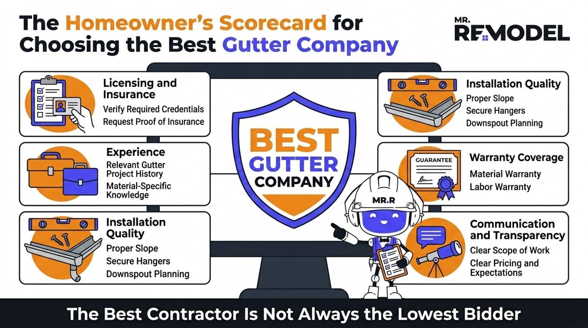 Homeowner scorecard infographic showing the five factors used to evaluate and compare local gutter companies.